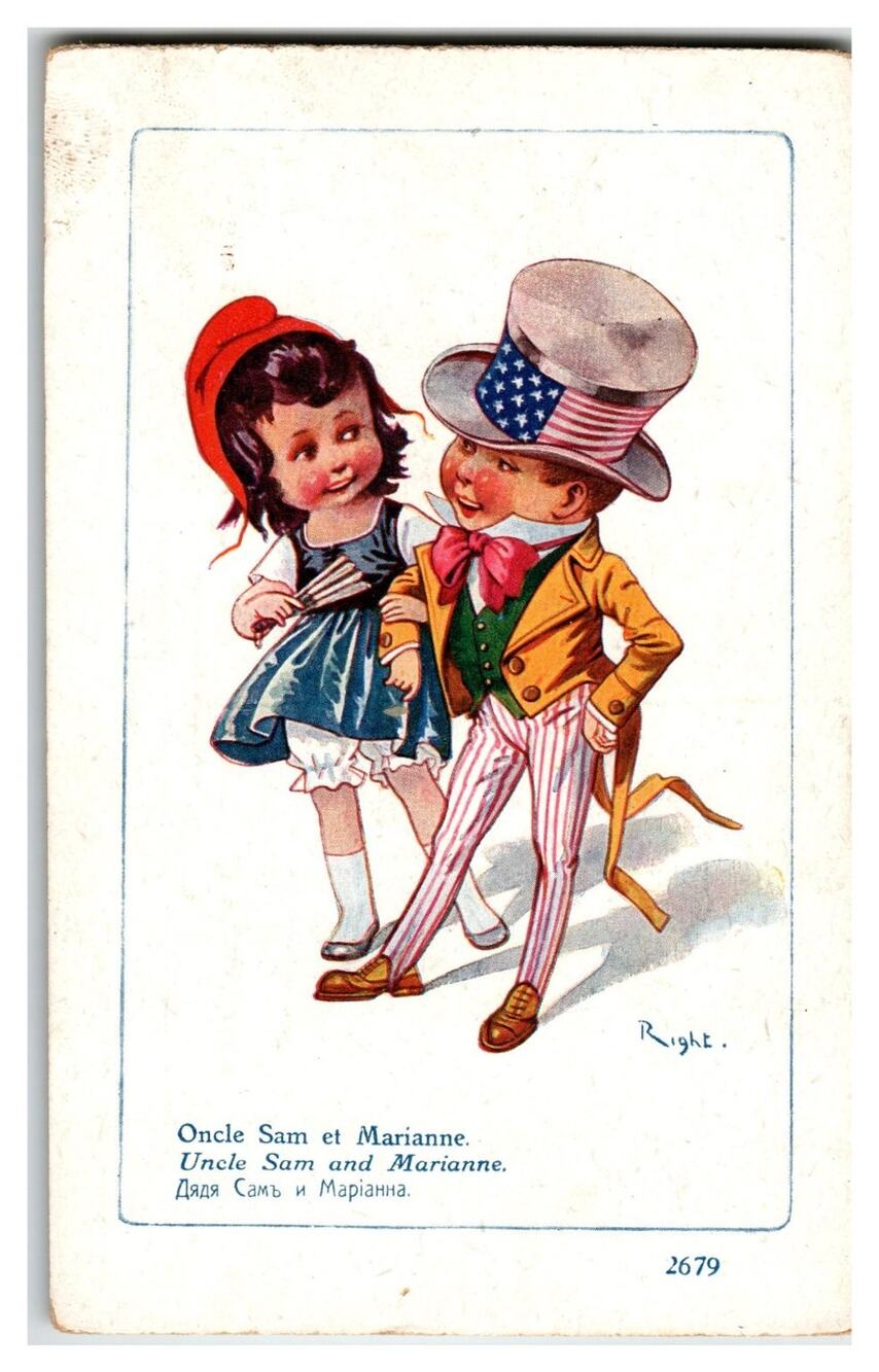 Uncle Sam & Marianne Children Postcard E. Lapina Paris WWI Era Allegory Right